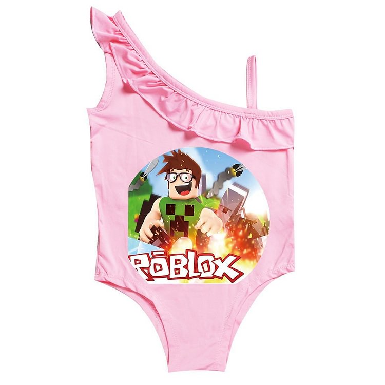 Mayoulove Roblox Minecraft Frog Print Little Girls Ruffle One Piece Swimsuit-Mayoulove