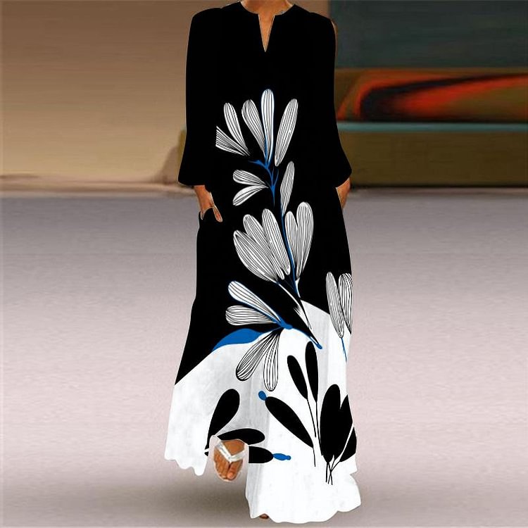 Retro V-neck Long Sleeve Pocket Butterfly Print Dress-Mayoulove
