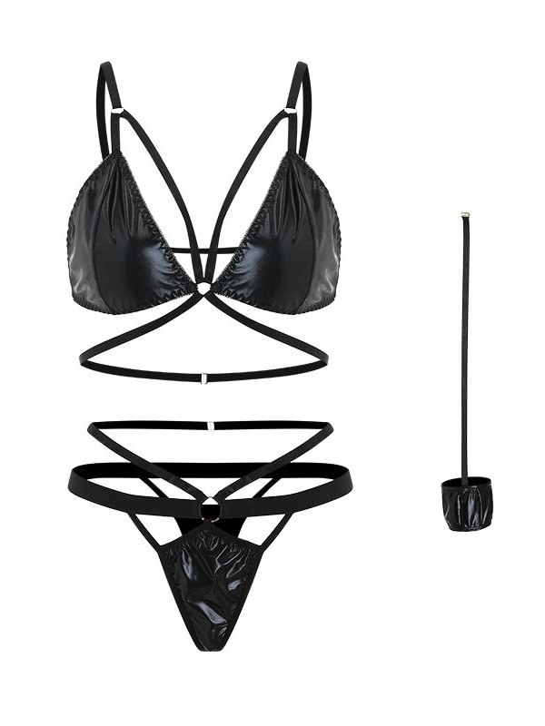 Plus Pu Leather Cut-out Ring Linked Lingerie Set-Icossi