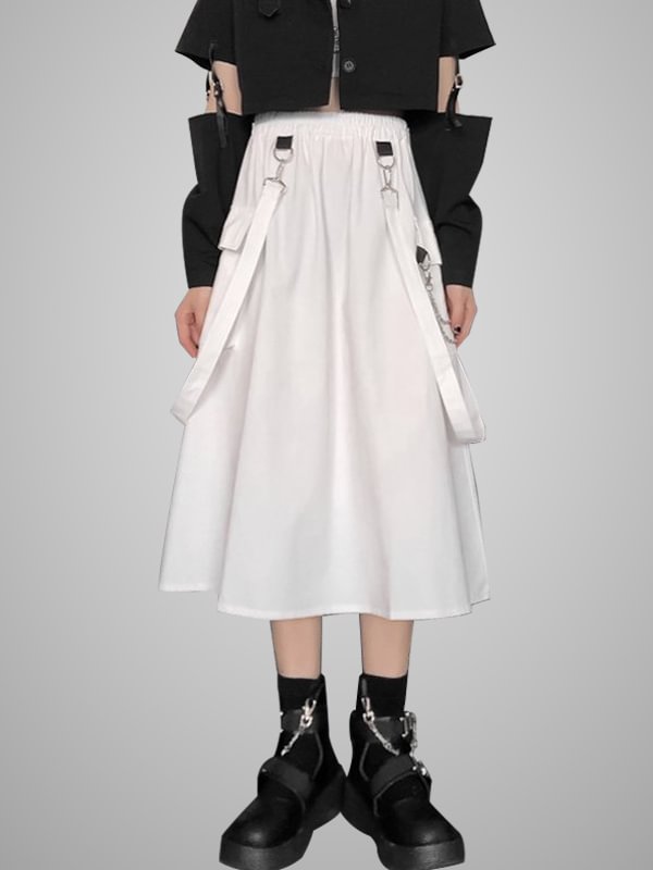 Gothic Punk Style Pockets Decorated Belt Metal Rings High-rise Long Skater Skirt with Elastic Waist