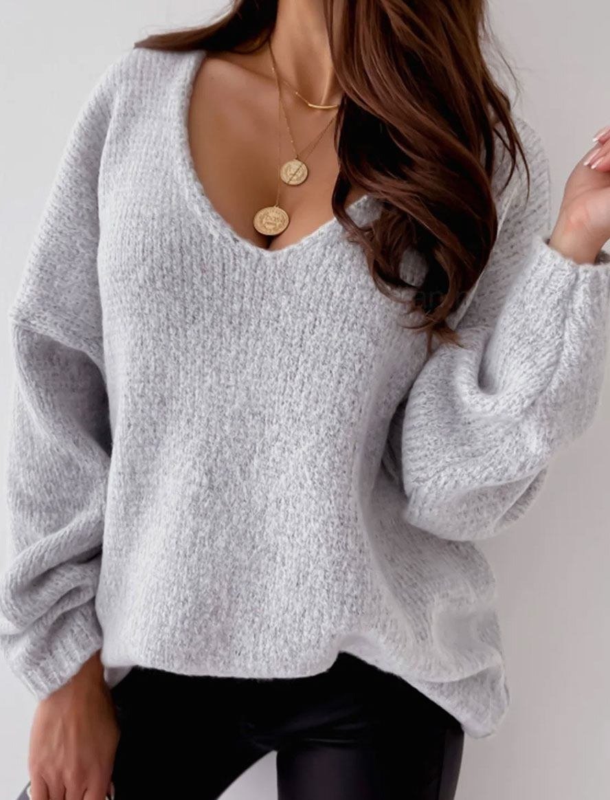 V-neck Solid Color Casual Loose Sweater Pullover-Corachic