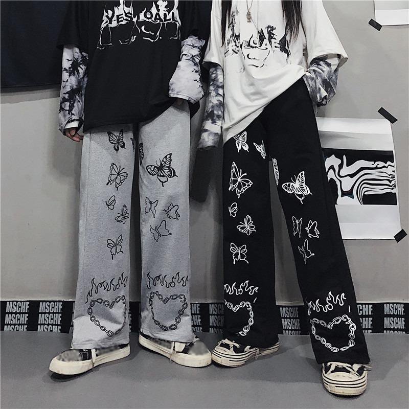 Harajuku Style Retro Butterfly Print Couple Casual Pants