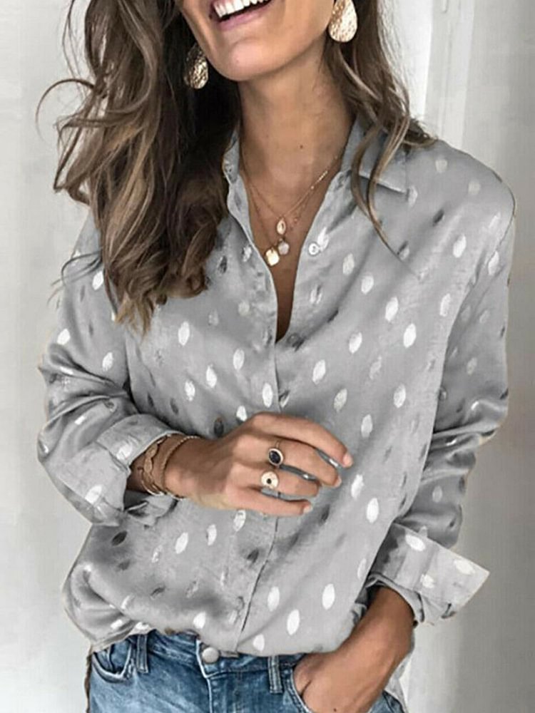 Women's  Long Sleeve Polka Dots Plus Size Slim Fit Casual Shirt