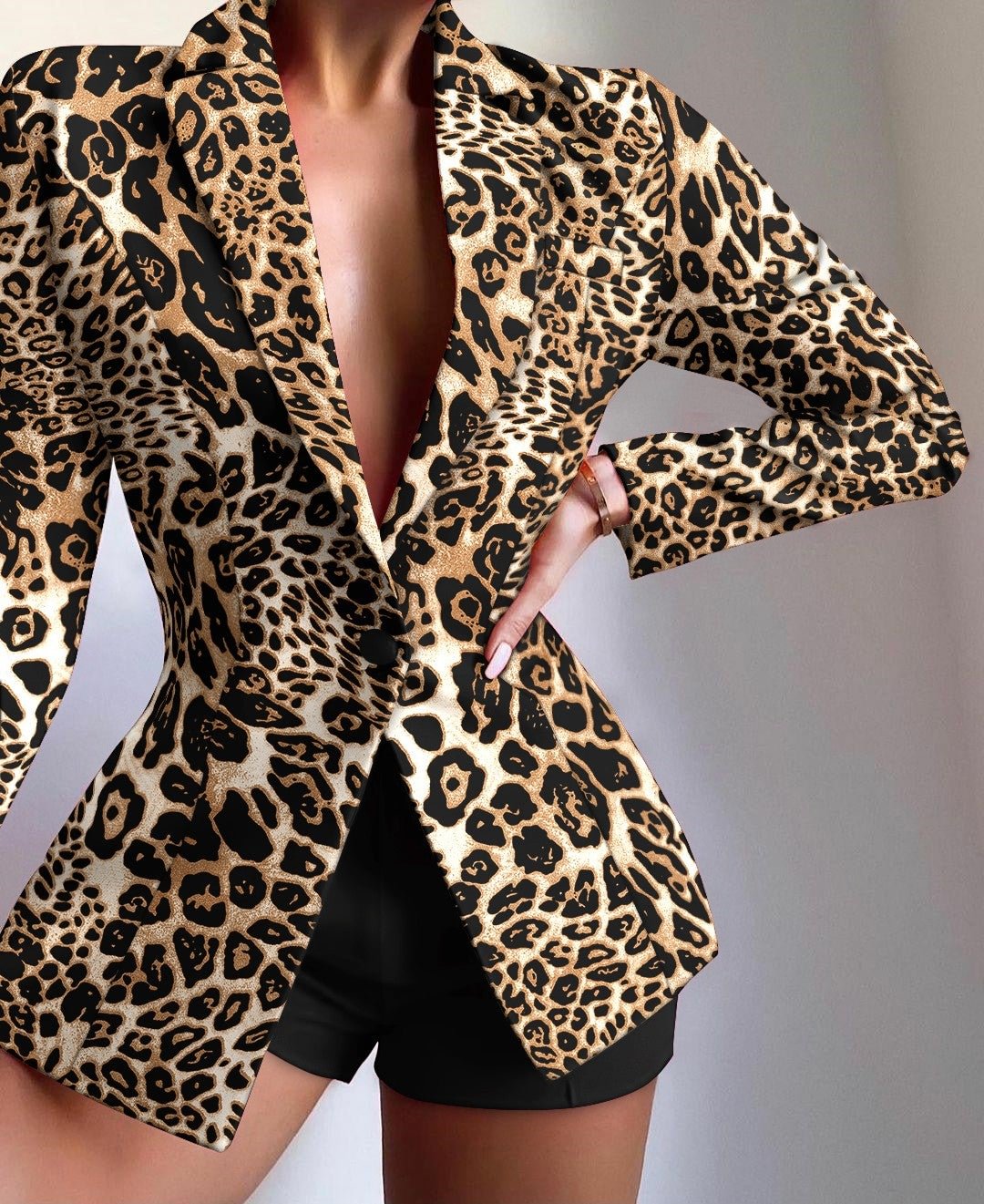 Leopard Print Lapel Collar Single Button Tailored Blazer-Corachic