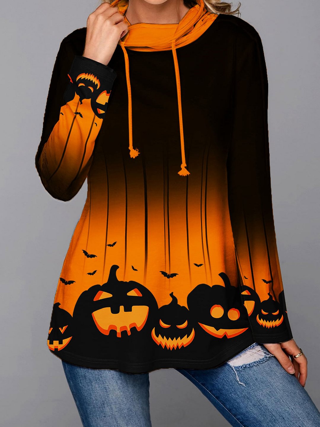 Halloween Pumpkin Print Long Sleeve Cowl Neck Sweatshirt