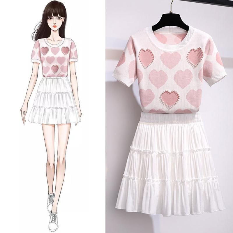 Colorblock Knit Tee+Loose Skirt P10948