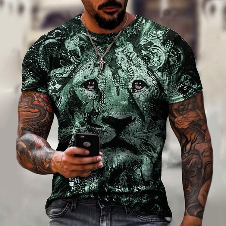 BrosWear Retro Animal Series Lion Print Men's T-shirt Green