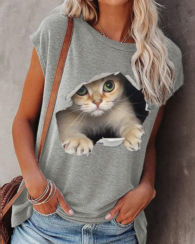 Gray Cat Printed Casual Short Sleeve Shift Shirts & Tops