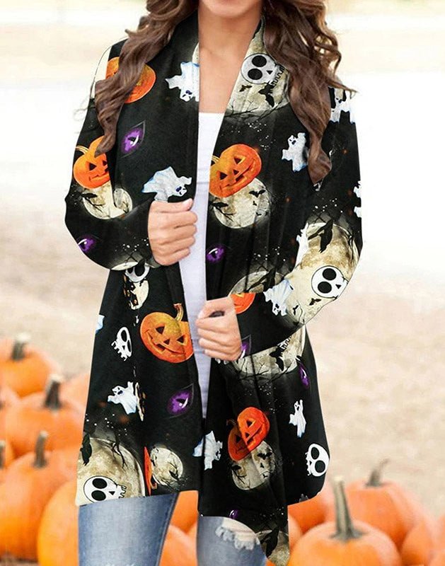 Women's Halloween Funny Ghost And Pumpkin Print Cardigan Coat