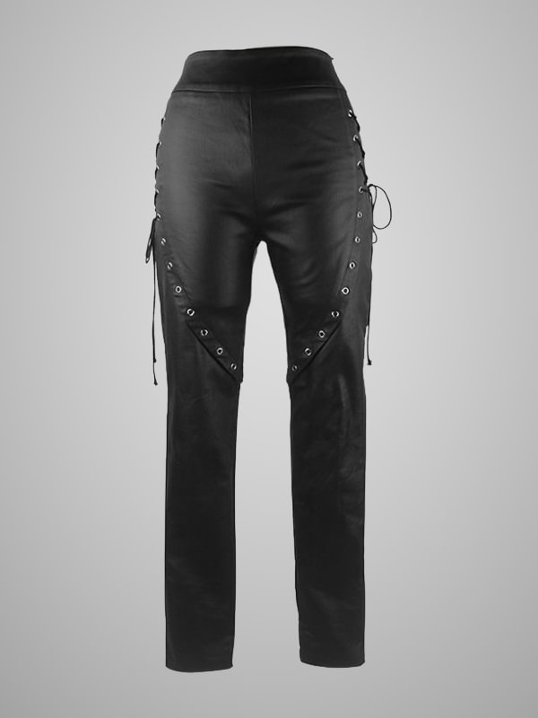 Goth Slim Lace Up Solid Black Pants