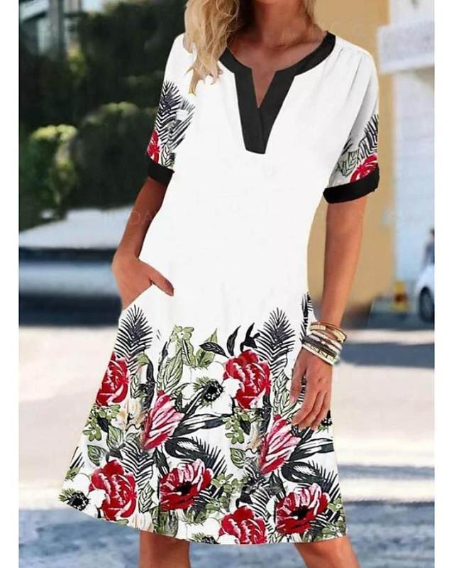 Women's Shift Dress Knee Length Dress - Short Sleeve Floral Print Summer Hot Casual 2021 White S M L XL XXL 3XL-Corachic