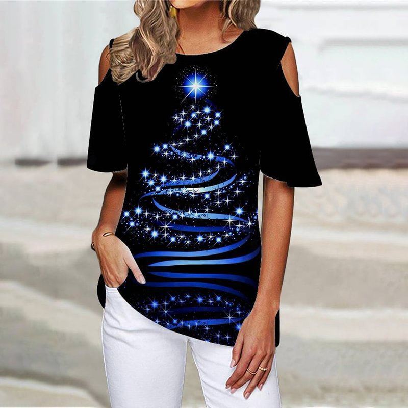 Blue Dream Christmas Tree Print Cutout Sleeves Women's Casual T-shirt