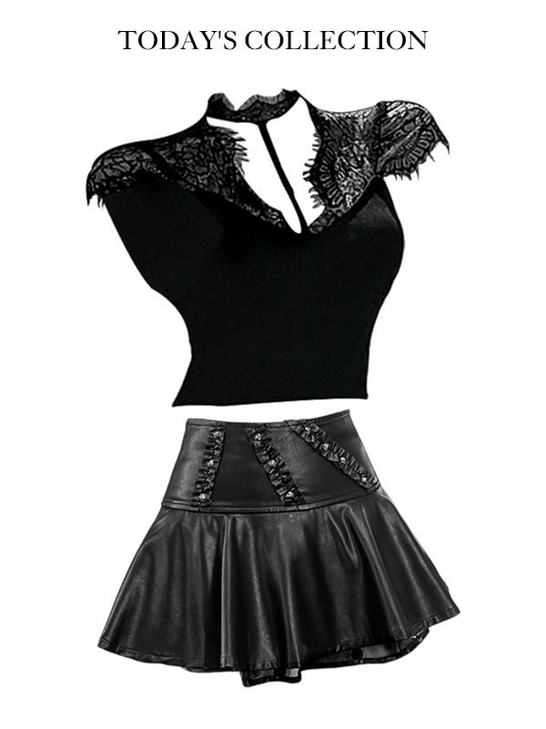 Gothic Dark Lace Top+ PU Bubble Mini Skirt 2-Pieces Set