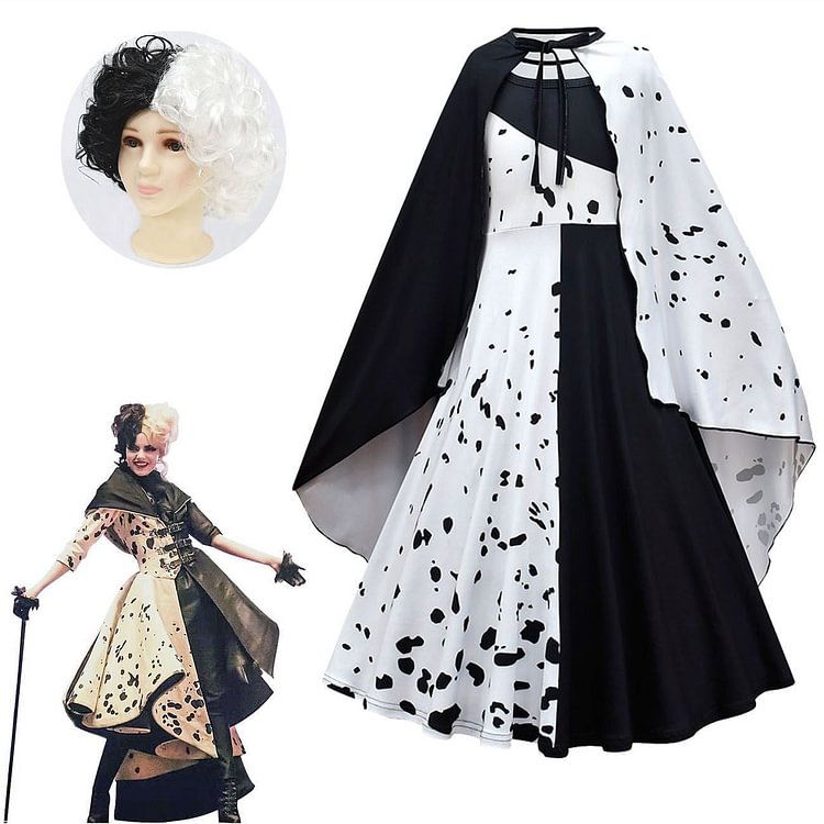 Mayoulove Cruella Witch Cosplay Dress for Girls Full Set Halloween Costume-Mayoulove