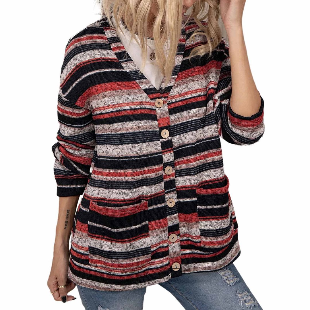 V-neck Knit Button Cardigan Sweater Pocket Long Sleeve Top-Corachic