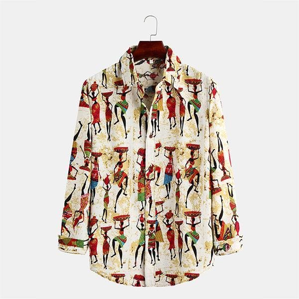 Mens Casual Ancient Egyptian Style Printed Long Sleeve Lapel Shirt-Corachic