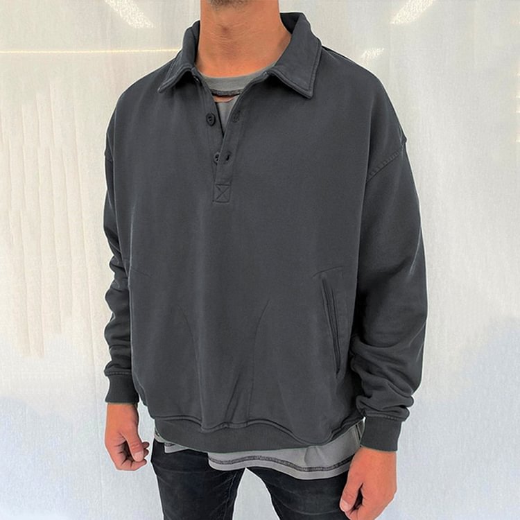 BrosWear Solid Color Casual Single Breasted Lapel Sweatshirt Grey
