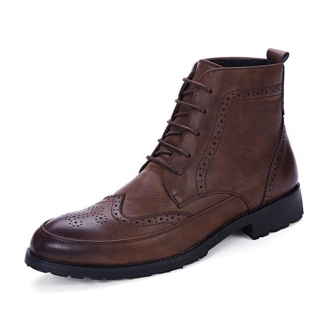 Men PU Leather Ankle Oxford Boots British Style Male Casual Lace Up Derby Shoes Retro Carved Flower Brogue Shoes-Corachic