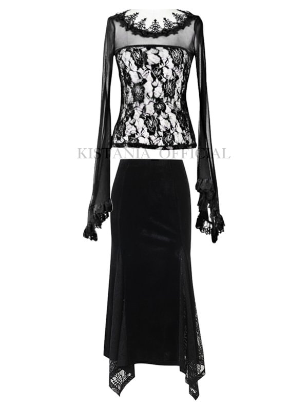 Transparent Rose Lace Horn Sleeves Big Round Neck Sexy Women Stretchy T-shirt + Irregular Lace Suede Midi Skirts 2-piece Sets