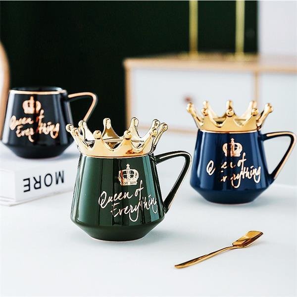 CERAMIC Crown Themed Coffee Mugs with Spoon Queen of Everything Cup for Gifts