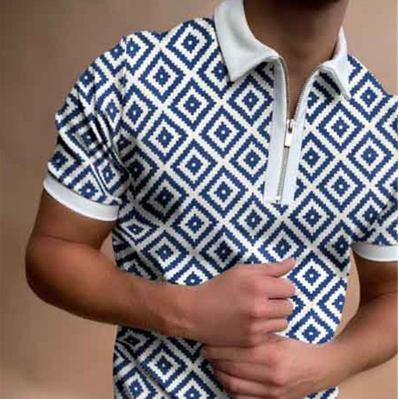 Blue Square Print Summer Casual Short Sleeve Zipper Men's Polo Shirts-VESSFUL