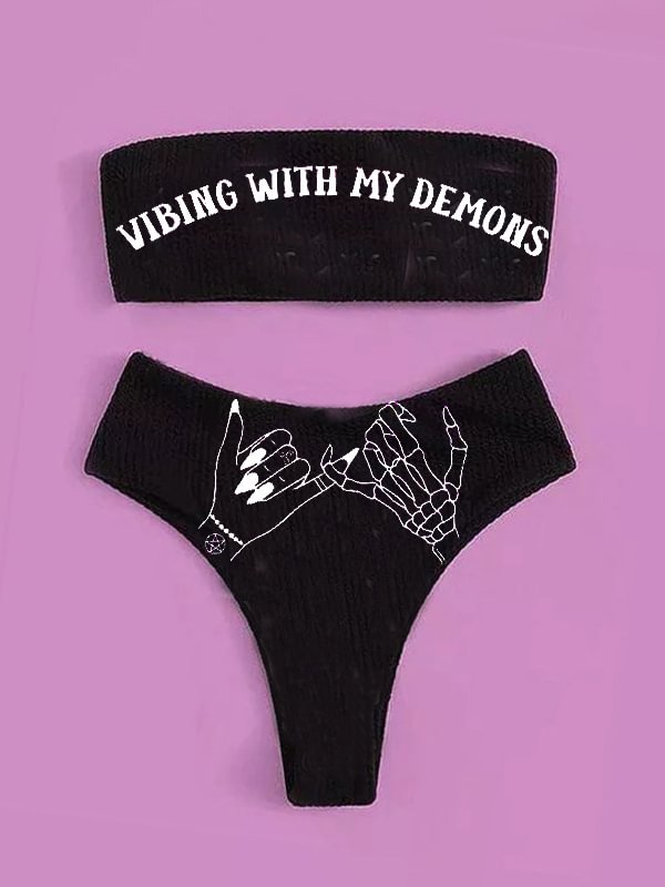 Vibing with My Demons Printed Skull Off The Shoulder High Waist Two-piece Bikini Sets Swimwear