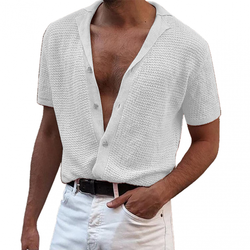 Solid Color Knitted Summer Casual Tops For Men Short Sleeve Shirts-VESSFUL