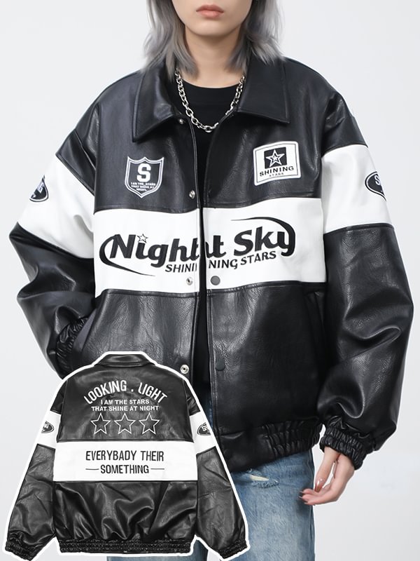 Statement Motor Style Letter Embroidered Paneled Color Block PU Loose Padded Baseball Jacket