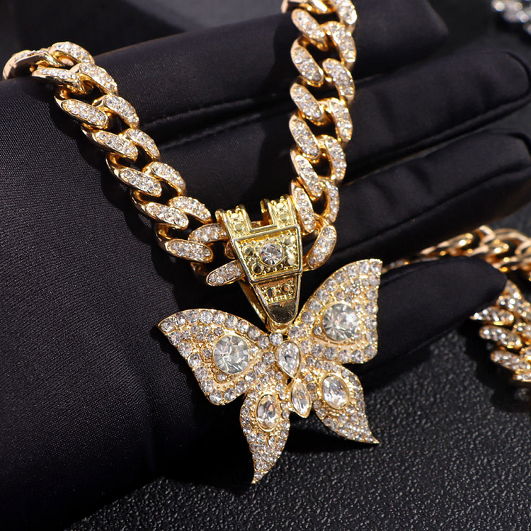 3MM/8MM Crystal Big Butterfly with Miami Cuban Link Chain Necklaces for Women