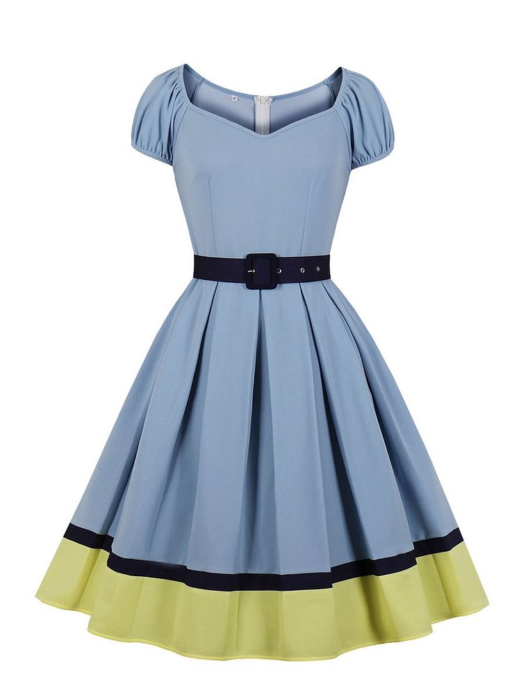 Mayoulove Vintage Dress For Women Square Neck Belt Contrasting Hem Swing Dress-Mayoulove