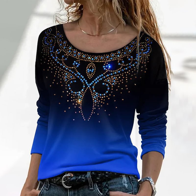 Floral Sequined Gradient Print Women's Casual Long-sleeved Tees