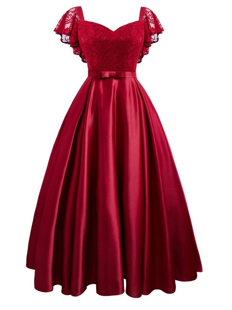 Mayoulove Red Dresses For Women Satin Lace Ruffled Sleeve Maxi Dress-Mayoulove