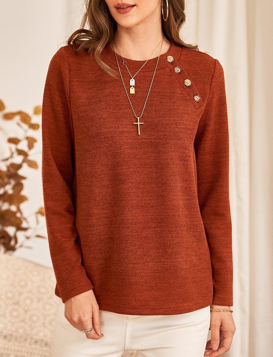 Pure Color Knitted Button Decoration Casual Round Neck Long-sleeved Pullover-Corachic