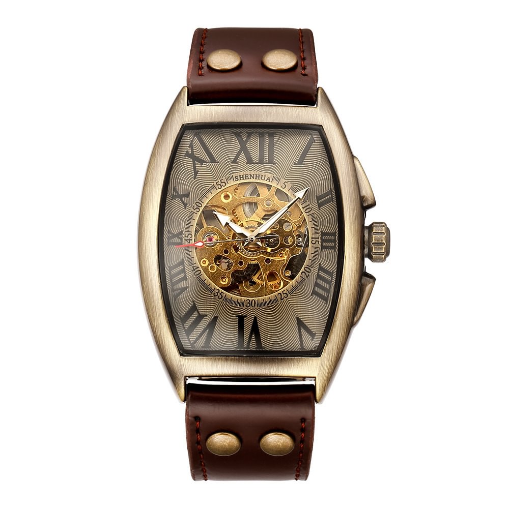 Leather Strap Skull Bronze Automatic Mechanical Men Skeleton Watches-VESSFUL