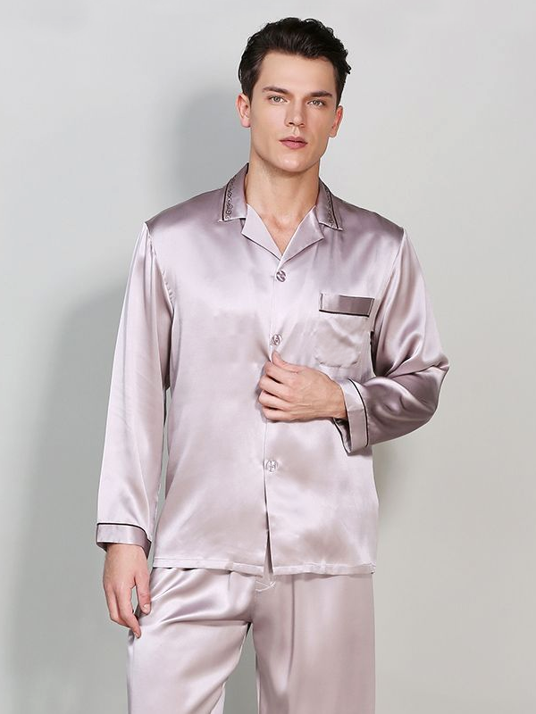 Classic Contrast Piping Men's Silk Pajamas
