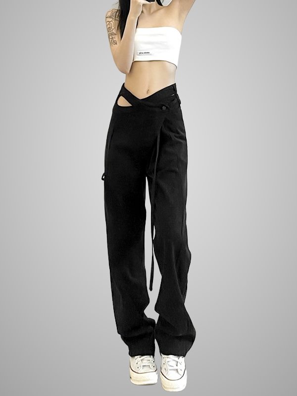 Statement Casual Solid Belt Straight High Rise Pants with Streamers