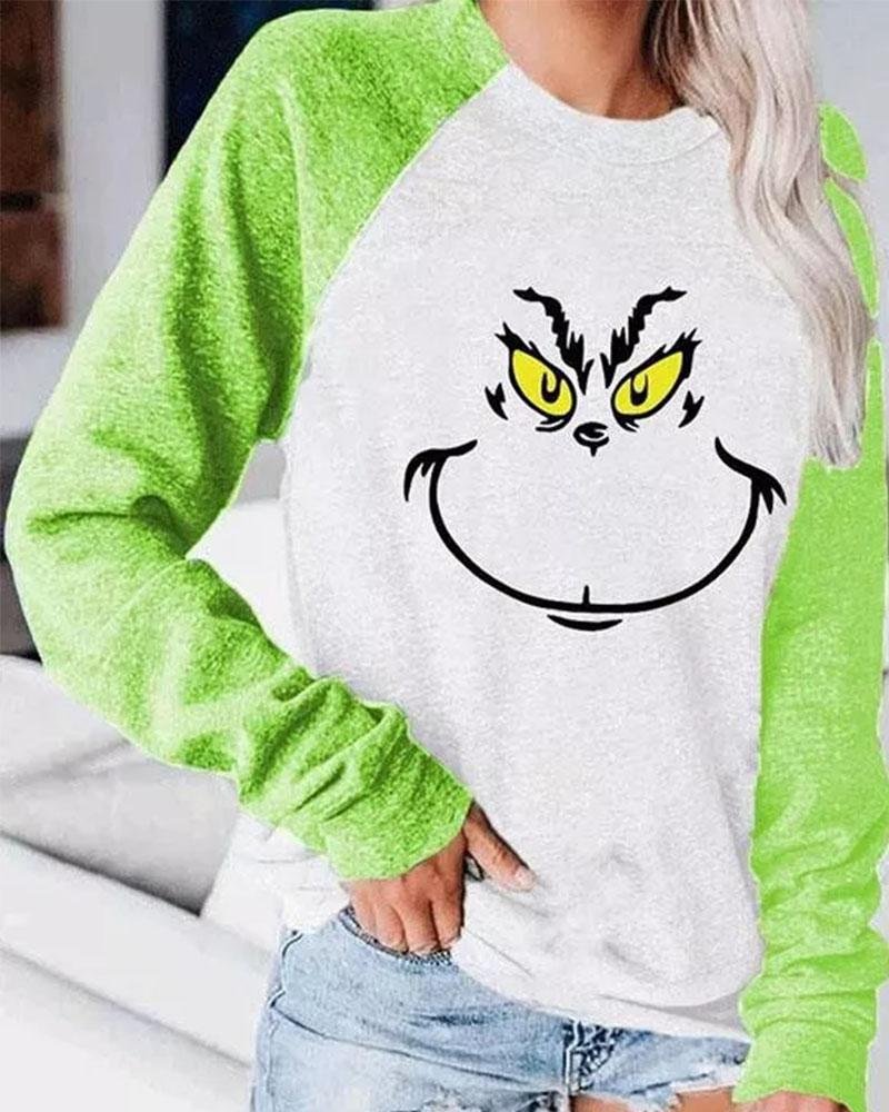 Grinch Pattern Color Stitching Casual Long Sleeve T-Shirt