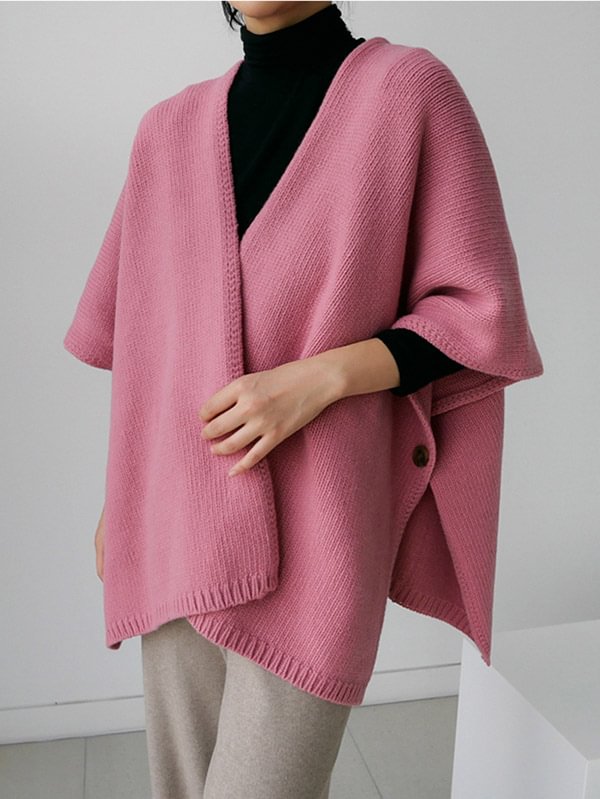 Elegance Knitting Gray&Pink V-Neck Batwing Sleeve Shawl Cape Sweater