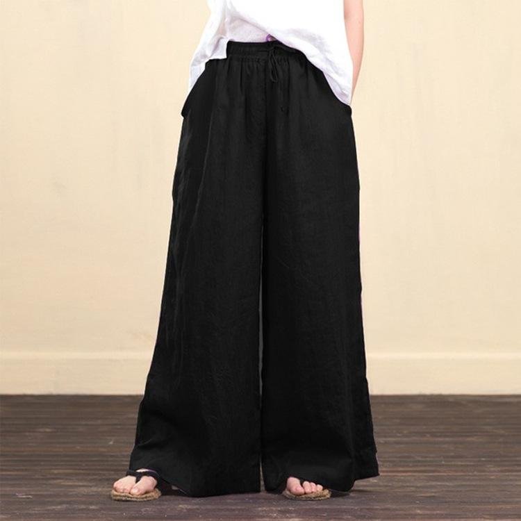 Available in 4 colors Plain Bowtie Waist Elastic Cotton Linen Loose Wide Pants Gaucho Pants-Mayoulove