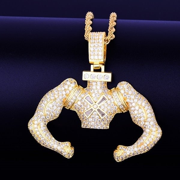 Iced Out 18K Gold Plated Flexing Muscle Pendant Hip Hop Rock Jewelry-VESSFUL