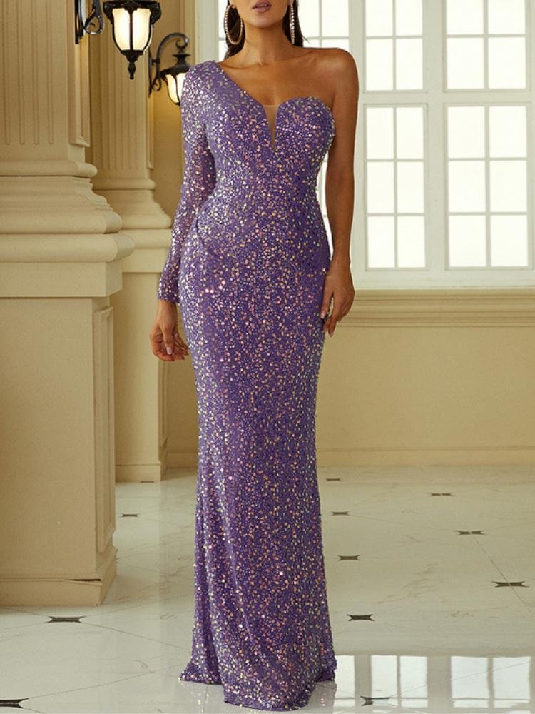 Promsstyle Elegant Single Shoulder Long Sleeve Slim Cut Sequins Purple Fiahtail Maxi Dress