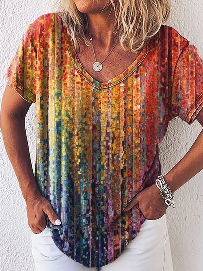 Women's Casual Shift V-Neck Short Sleeve Ombre/tie-Dye Printed T-Shirts