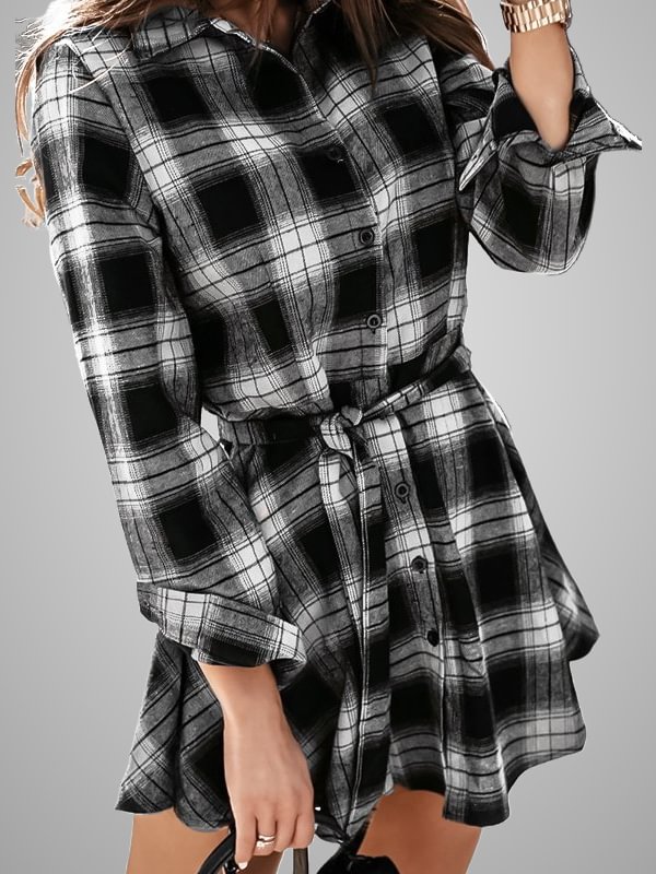 Plaid Checkered Long Sleeve Shirt Dress
