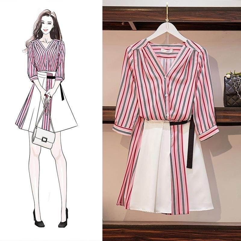 Fashion Stripe Blouse + Splice Skirt P11718