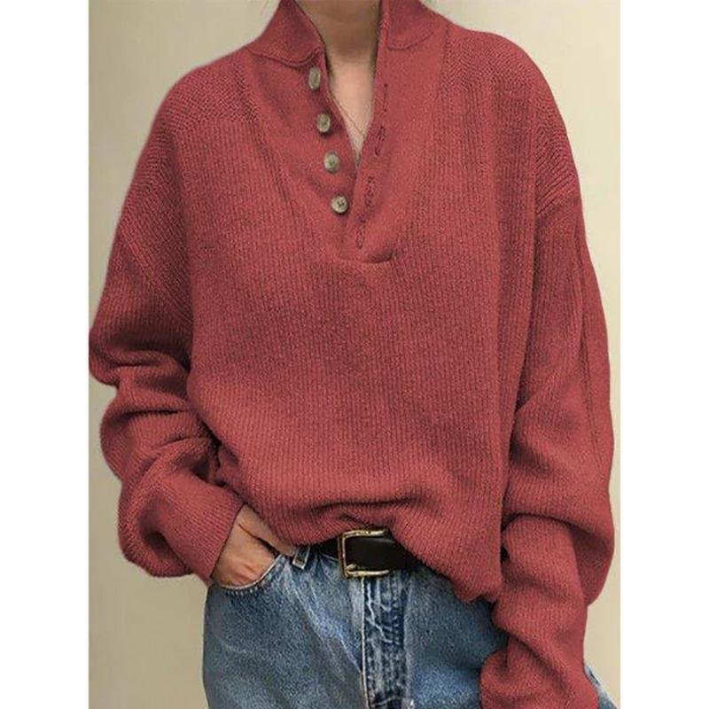 Long Sleeve V-Neck Buttoned Sweater-Corachic