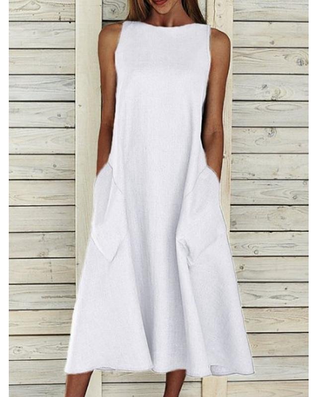 Women's A-Line Dress Midi Dress - Sleeveless Pocket Summer Basic Hot Holiday White Blue Yellow Gray S M L XL XXL-Corachic