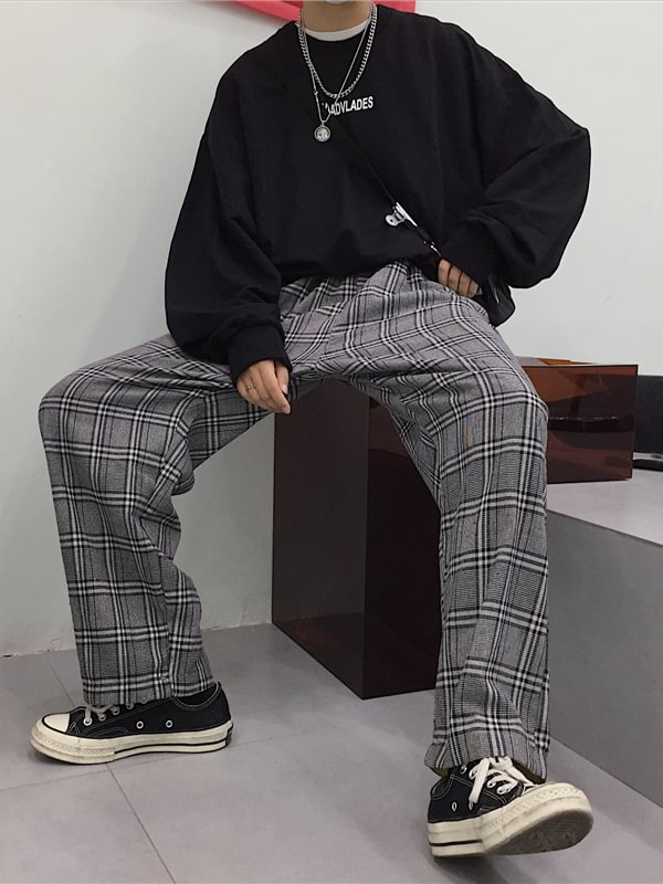 Street Fashion Checkered Color Block High Rise Loose Pants