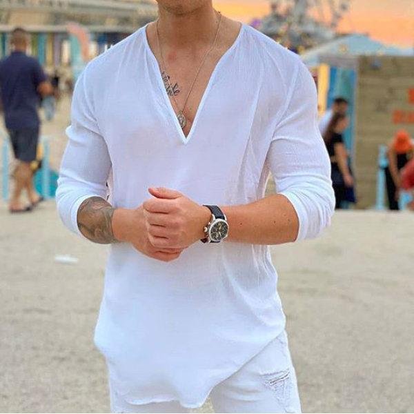 BrosWear Men V-Neck Solid Long Sleeves Top Shirt white
