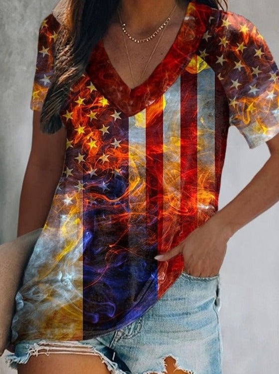 American Flag Flame Print Casual V-Neck T-Shirt