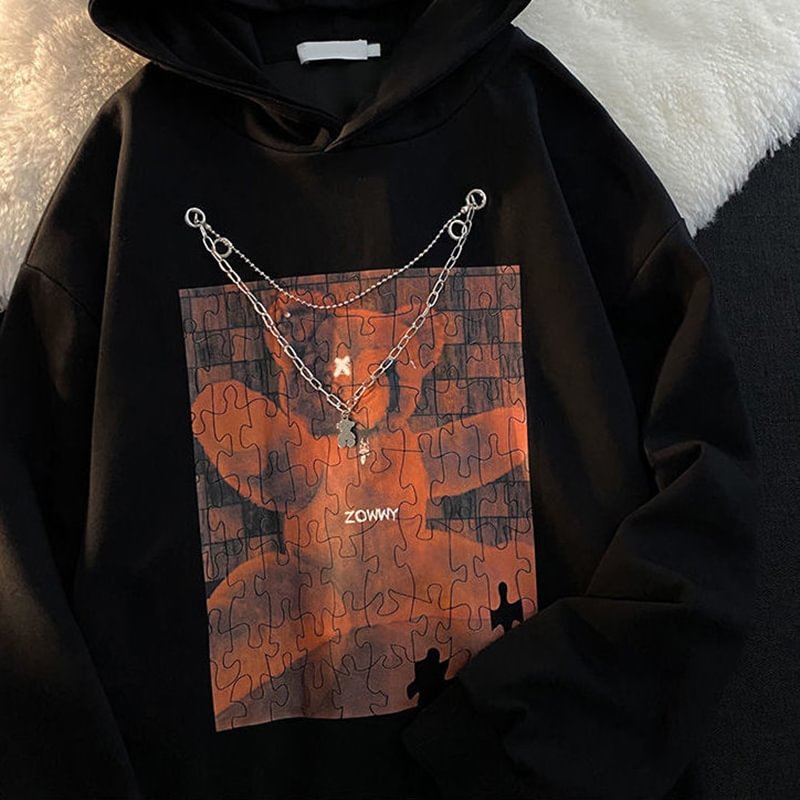 Harajuku High Street Bear Print Chain Couple Sweatshirt